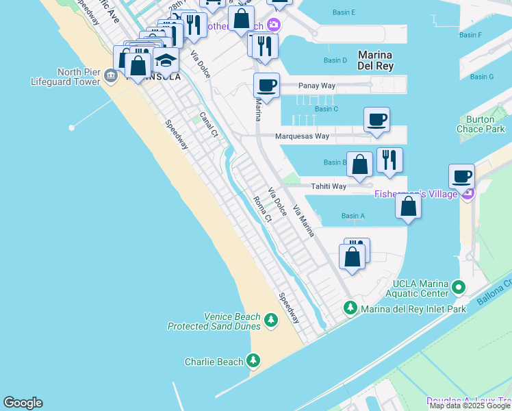 map of restaurants, bars, coffee shops, grocery stores, and more near 4411 Roma Court in Marina del Rey
