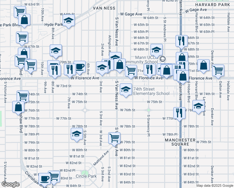 map of restaurants, bars, coffee shops, grocery stores, and more near S Van Ness Ave & W 74th St in Los Angeles