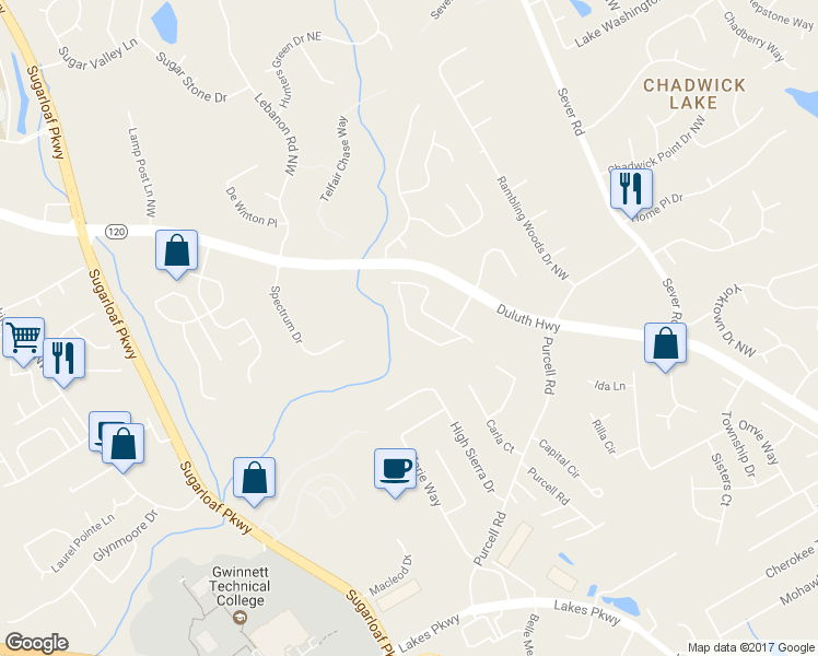 map of restaurants, bars, coffee shops, grocery stores, and more near 1675 Tailmore Lane Northwest in Lawrenceville