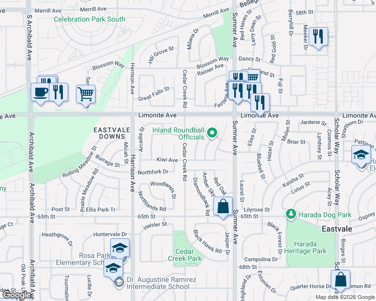 map of restaurants, bars, coffee shops, grocery stores, and more near 13557 Nectarine Avenue in Corona