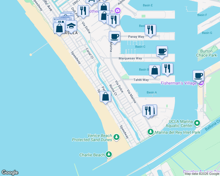 map of restaurants, bars, coffee shops, grocery stores, and more near 114 Mast Court in Marina del Rey
