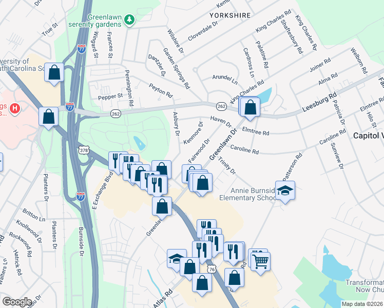 map of restaurants, bars, coffee shops, grocery stores, and more near 918 Kenmore Drive in Columbia