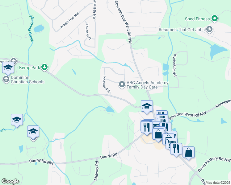 map of restaurants, bars, coffee shops, grocery stores, and more near 4111 Pine Log Drive in Marietta