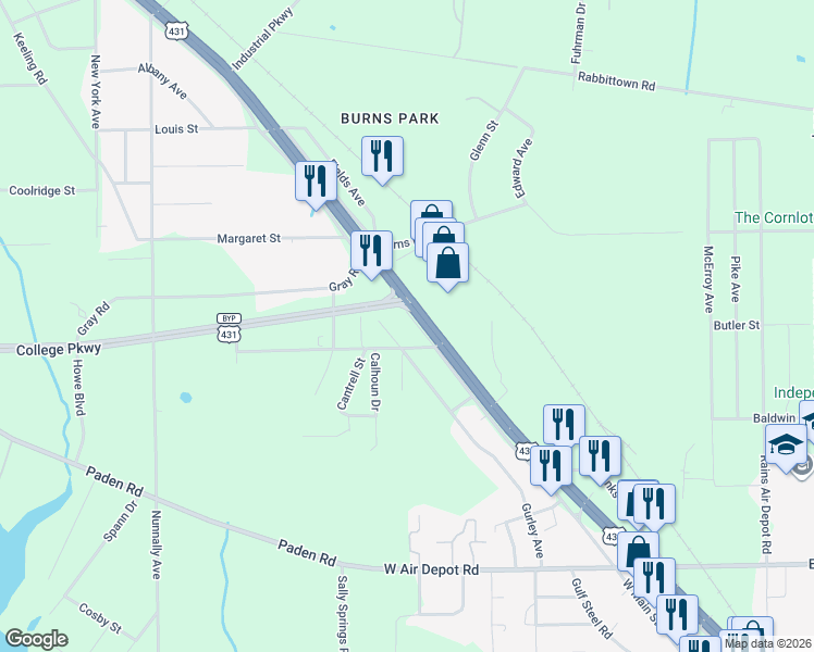 map of restaurants, bars, coffee shops, grocery stores, and more near 3029 East Meighan Boulevard in Gadsden
