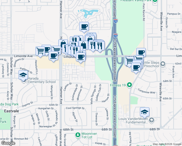 map of restaurants, bars, coffee shops, grocery stores, and more near 6333 Norma Court in Eastvale