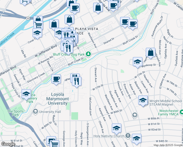 map of restaurants, bars, coffee shops, grocery stores, and more near 7506 McConnell Avenue in Los Angeles