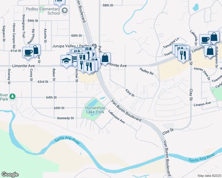 map of restaurants, bars, coffee shops, grocery stores, and more near 6349 Morton Avenue in Riverside