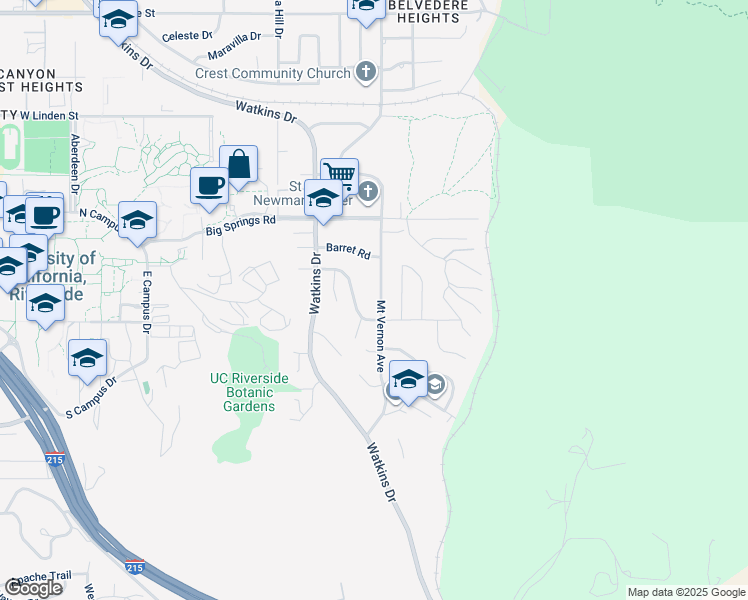 map of restaurants, bars, coffee shops, grocery stores, and more near 4075 Mount Vernon Avenue in Riverside