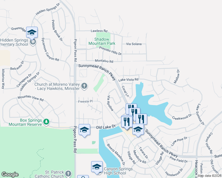 map of restaurants, bars, coffee shops, grocery stores, and more near 23330 Via Arbol in Moreno Valley