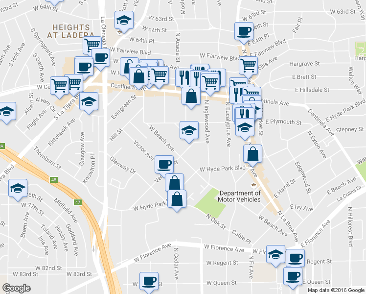 map of restaurants, bars, coffee shops, grocery stores, and more near 830 North Acacia Street in Inglewood