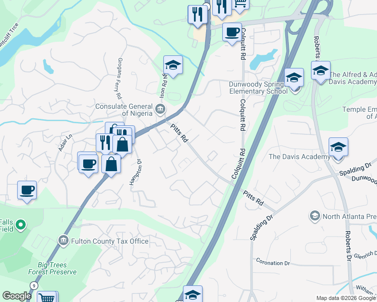 map of restaurants, bars, coffee shops, grocery stores, and more near 7923 Roswell Road Northeast in Sandy Springs