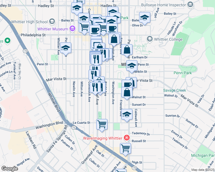 map of restaurants, bars, coffee shops, grocery stores, and more near 7607 Bright Avenue in Whittier