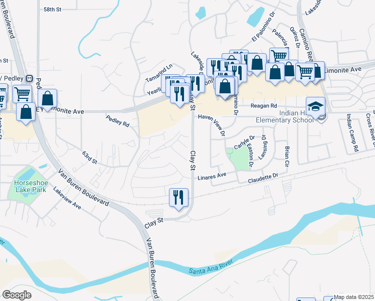 map of restaurants, bars, coffee shops, grocery stores, and more near 8158 Perada Street in Jurupa Valley