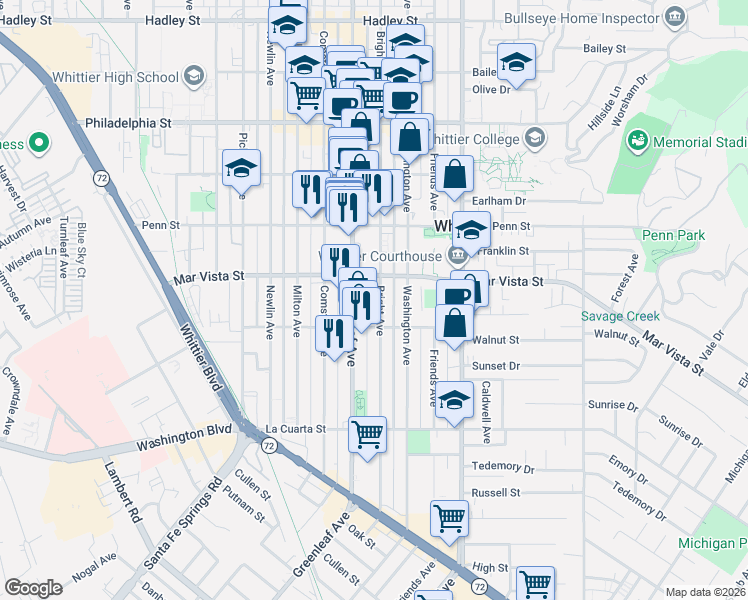 map of restaurants, bars, coffee shops, grocery stores, and more near 7607 Bright Avenue in Whittier