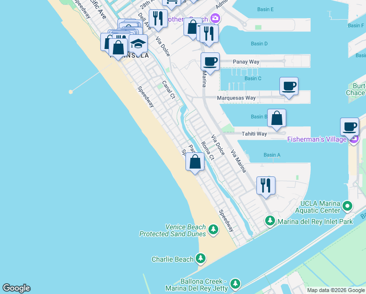 map of restaurants, bars, coffee shops, grocery stores, and more near 28 Ketch Street in Marina del Rey