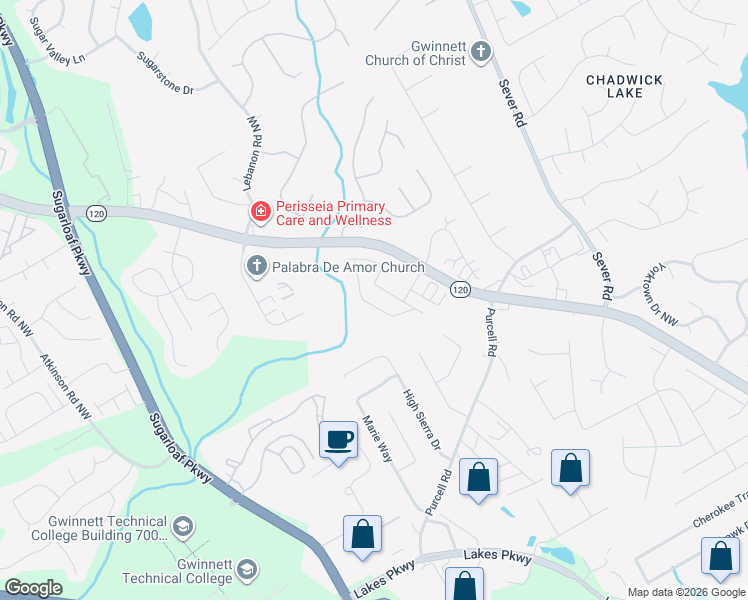 map of restaurants, bars, coffee shops, grocery stores, and more near 1555 Creek Bend Lane Northwest in Lawrenceville