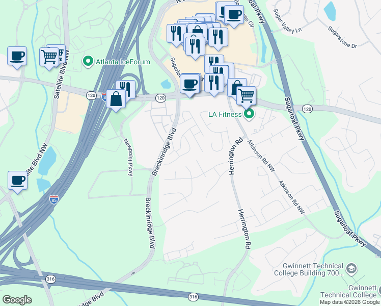 map of restaurants, bars, coffee shops, grocery stores, and more near 86 Ramblewood Trail in Lawrenceville