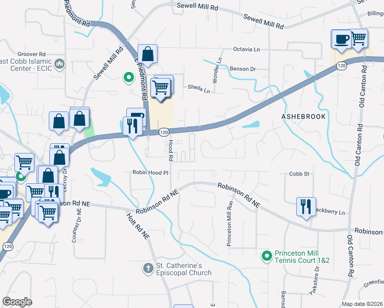 map of restaurants, bars, coffee shops, grocery stores, and more near 965 Bridgegate Drive Northeast in Marietta