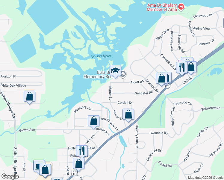 map of restaurants, bars, coffee shops, grocery stores, and more near 1244 Alcott Road in Gadsden