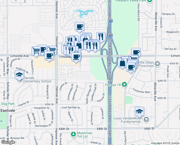 map of restaurants, bars, coffee shops, grocery stores, and more near 12390 Limonite Avenue in Eastvale