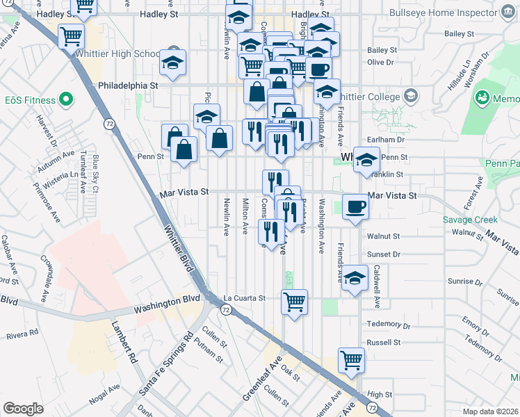map of restaurants, bars, coffee shops, grocery stores, and more near 7602 Milton Avenue in Whittier