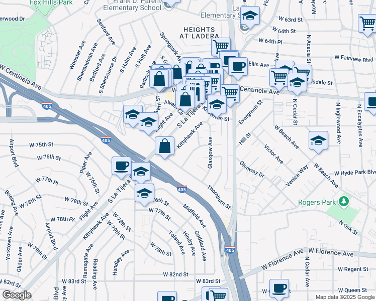 map of restaurants, bars, coffee shops, grocery stores, and more near 7127 Ramsgate Avenue in Los Angeles