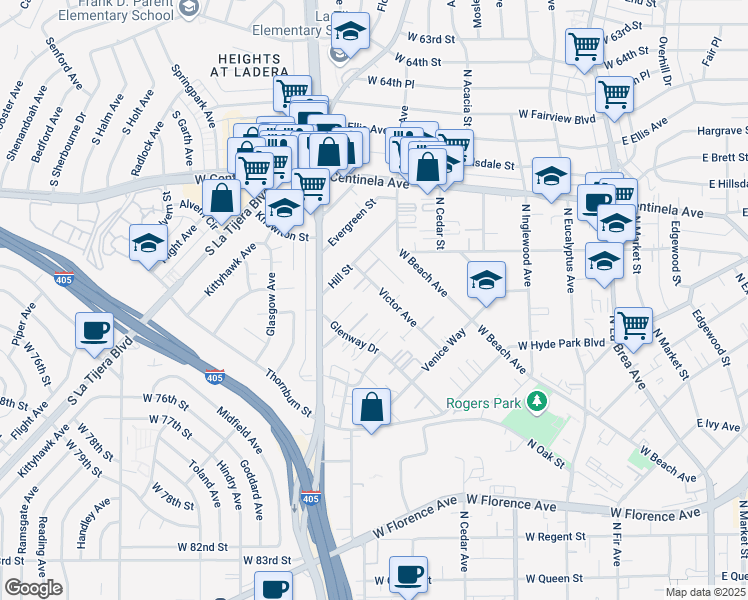 map of restaurants, bars, coffee shops, grocery stores, and more near 882 Victor Avenue in Inglewood