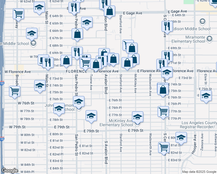 map of restaurants, bars, coffee shops, grocery stores, and more near 7402 Avalon Boulevard in Los Angeles