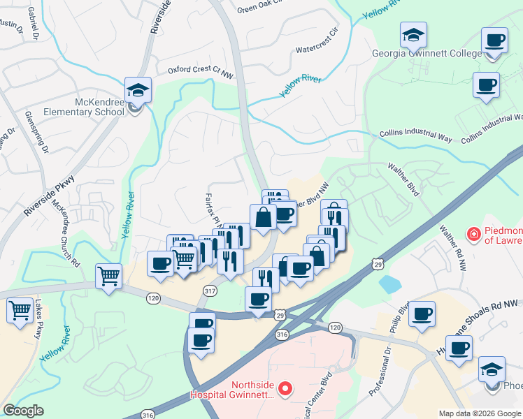 map of restaurants, bars, coffee shops, grocery stores, and more near 1003 Habersham Lane Northwest in Lawrenceville