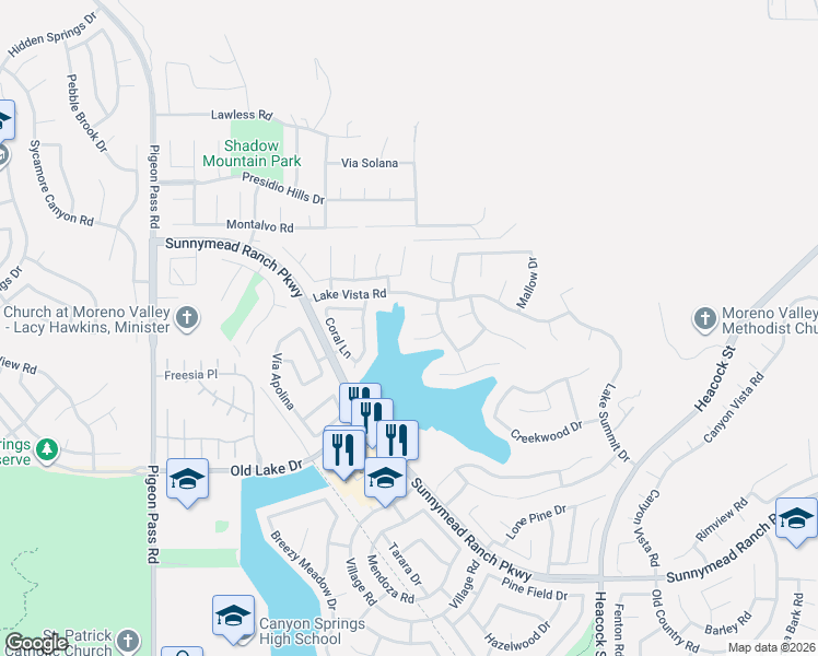 map of restaurants, bars, coffee shops, grocery stores, and more near 23628 Marguerite Circle in Moreno Valley