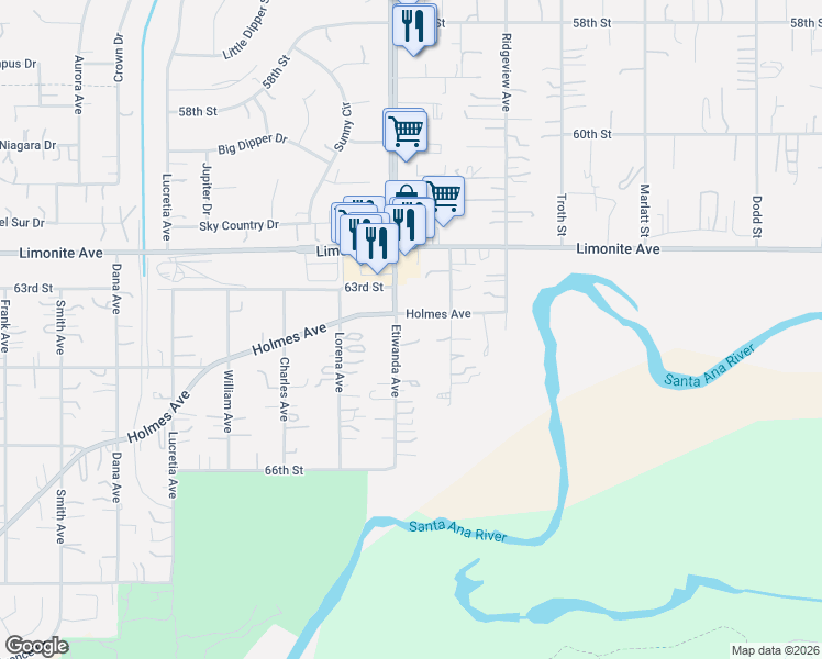 map of restaurants, bars, coffee shops, grocery stores, and more near 10831 Holmes Avenue in Jurupa Valley