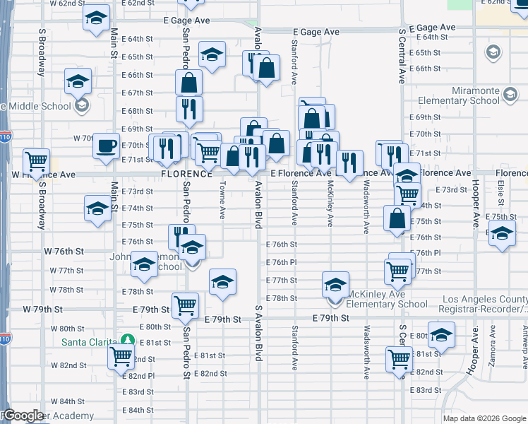 map of restaurants, bars, coffee shops, grocery stores, and more near 612 East 73rd Street in Los Angeles
