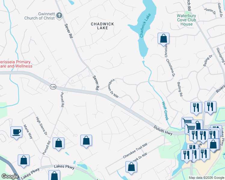 map of restaurants, bars, coffee shops, grocery stores, and more near 1385 Black Eagle Court in Lawrenceville