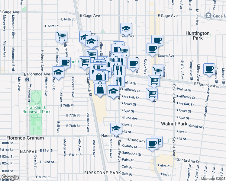 map of restaurants, bars, coffee shops, grocery stores, and more near 7410 Marbrisa Avenue in Huntington Park