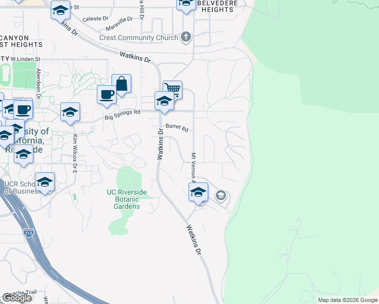 map of restaurants, bars, coffee shops, grocery stores, and more near 4008 Mount Vernon Avenue in Riverside