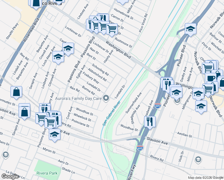 map of restaurants, bars, coffee shops, grocery stores, and more near 7139 Farmland Avenue in Pico Rivera
