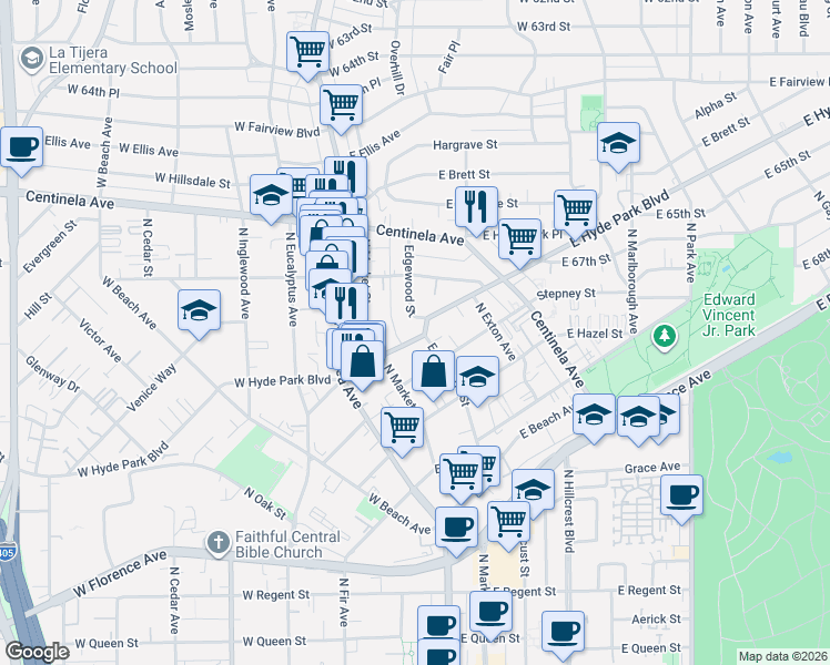 map of restaurants, bars, coffee shops, grocery stores, and more near 700 Edgewood Street in Inglewood