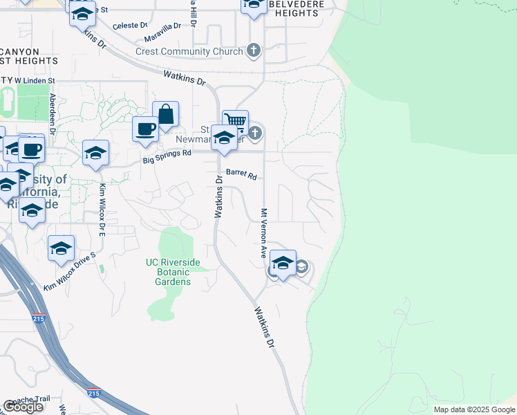 map of restaurants, bars, coffee shops, grocery stores, and more near 4075 Mount Vernon Avenue in Riverside
