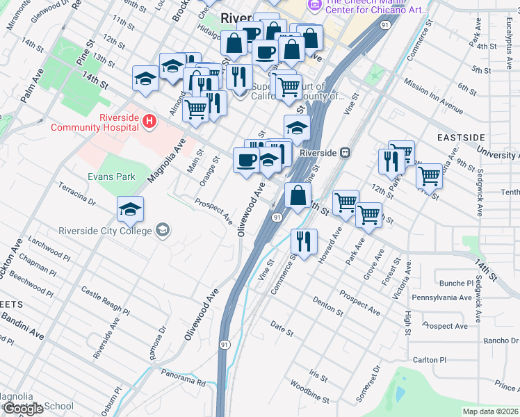 map of restaurants, bars, coffee shops, grocery stores, and more near 4447 Mulberry Street in Riverside