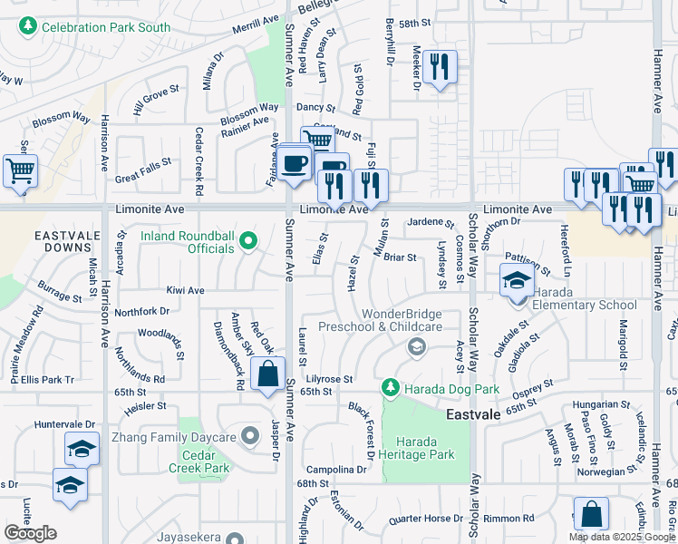 map of restaurants, bars, coffee shops, grocery stores, and more near 6293 Hazel Street in Corona
