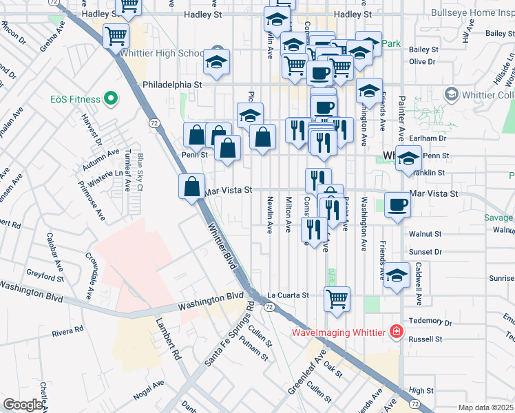 map of restaurants, bars, coffee shops, grocery stores, and more near 7601 Newlin Avenue in Whittier