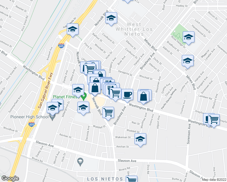 map of restaurants, bars, coffee shops, grocery stores, and more near 7901 Duchess Drive in Whittier