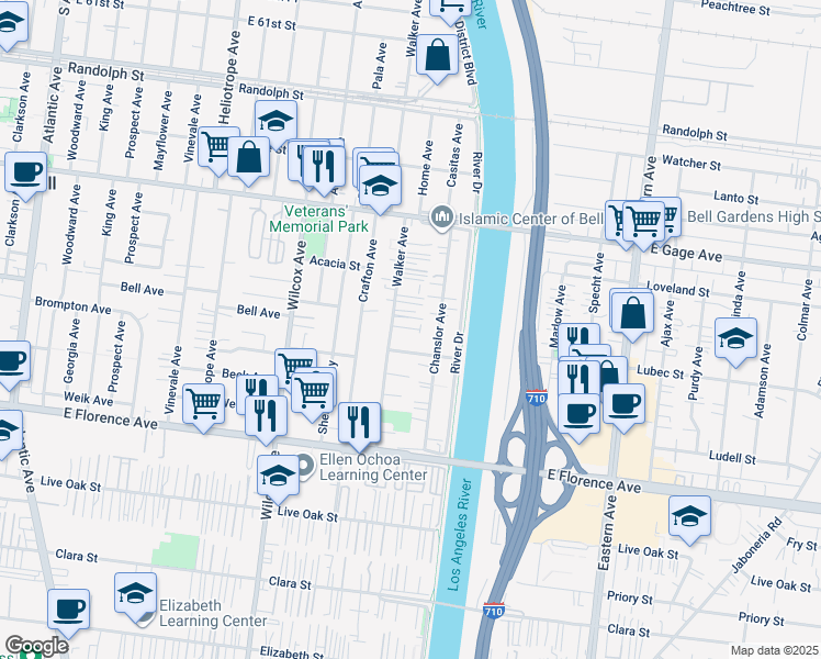 map of restaurants, bars, coffee shops, grocery stores, and more near 6704 Walker Avenue in Bell