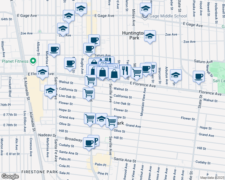 map of restaurants, bars, coffee shops, grocery stores, and more near 7217 Seville Avenue in Huntington Park