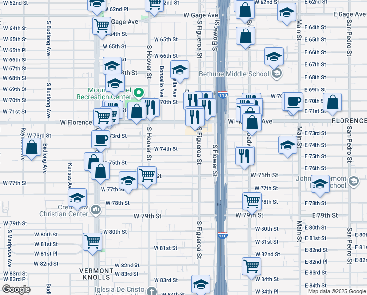 map of restaurants, bars, coffee shops, grocery stores, and more near 608 West 73rd Street in Los Angeles