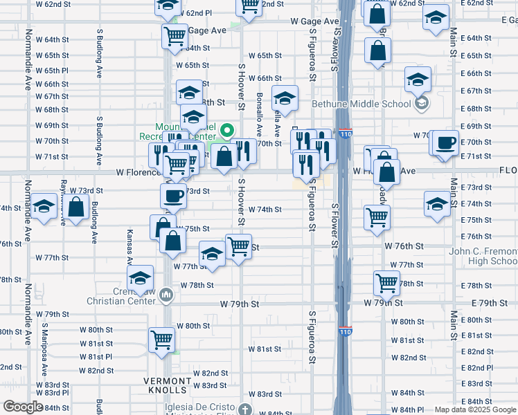 map of restaurants, bars, coffee shops, grocery stores, and more near 652 West 73rd Street in Los Angeles