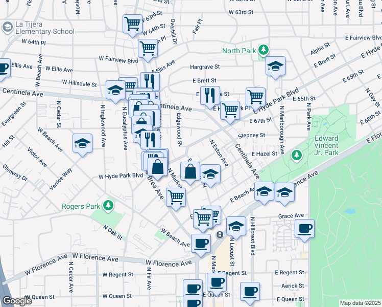 map of restaurants, bars, coffee shops, grocery stores, and more near 700 Edgewood Street in Inglewood