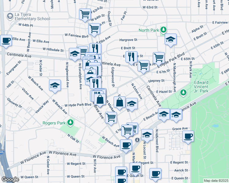 map of restaurants, bars, coffee shops, grocery stores, and more near 700 Edgewood Street in Inglewood