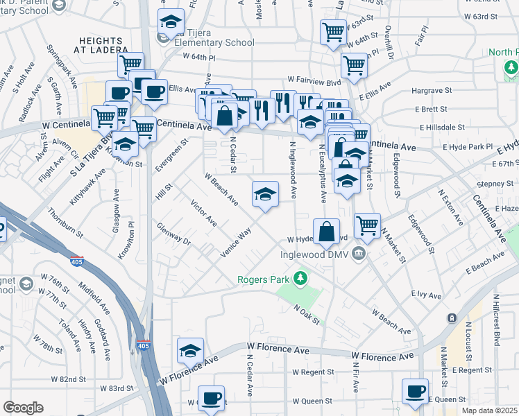 map of restaurants, bars, coffee shops, grocery stores, and more near 830 North Acacia Street in Inglewood