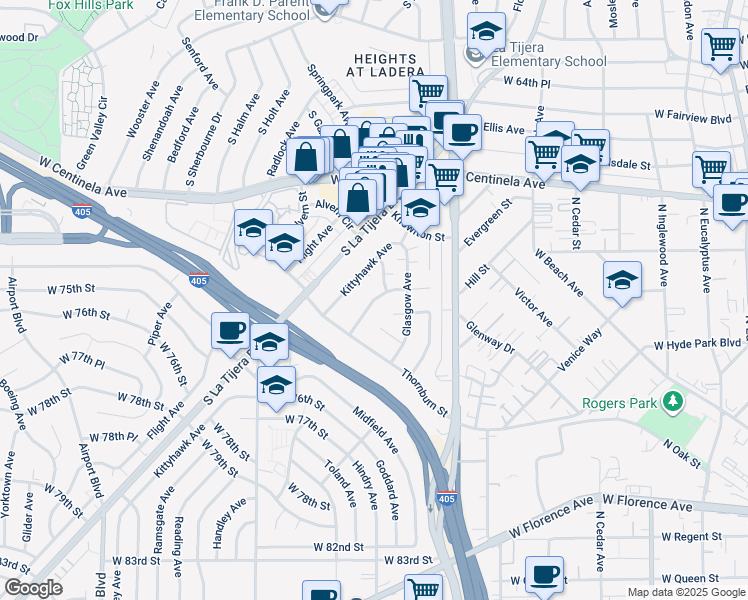 map of restaurants, bars, coffee shops, grocery stores, and more near 7030 Kittyhawk Avenue in Los Angeles